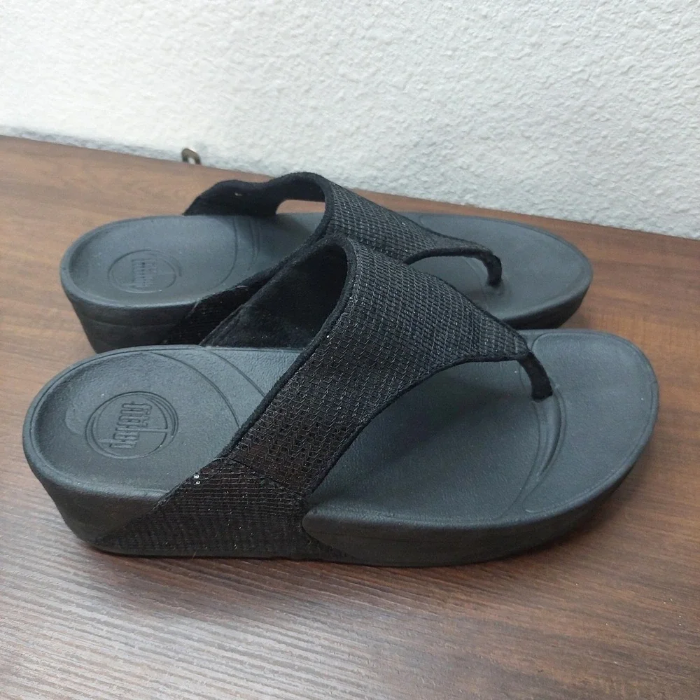 FitFlop Lulu Shimmer Suede‎ Black Sandals Women's Size 6